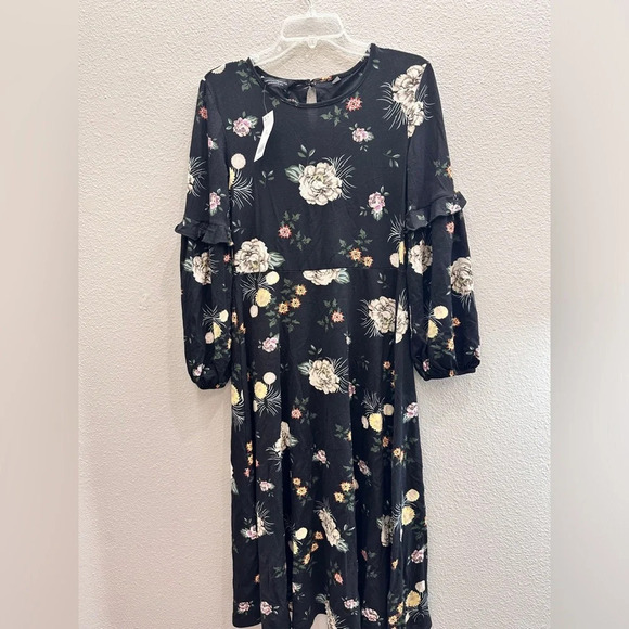 Dorothy Perkins Dress Size 8 Black Floral Long Sleeve Round Neck Lightweight New - Picture 1 of 6